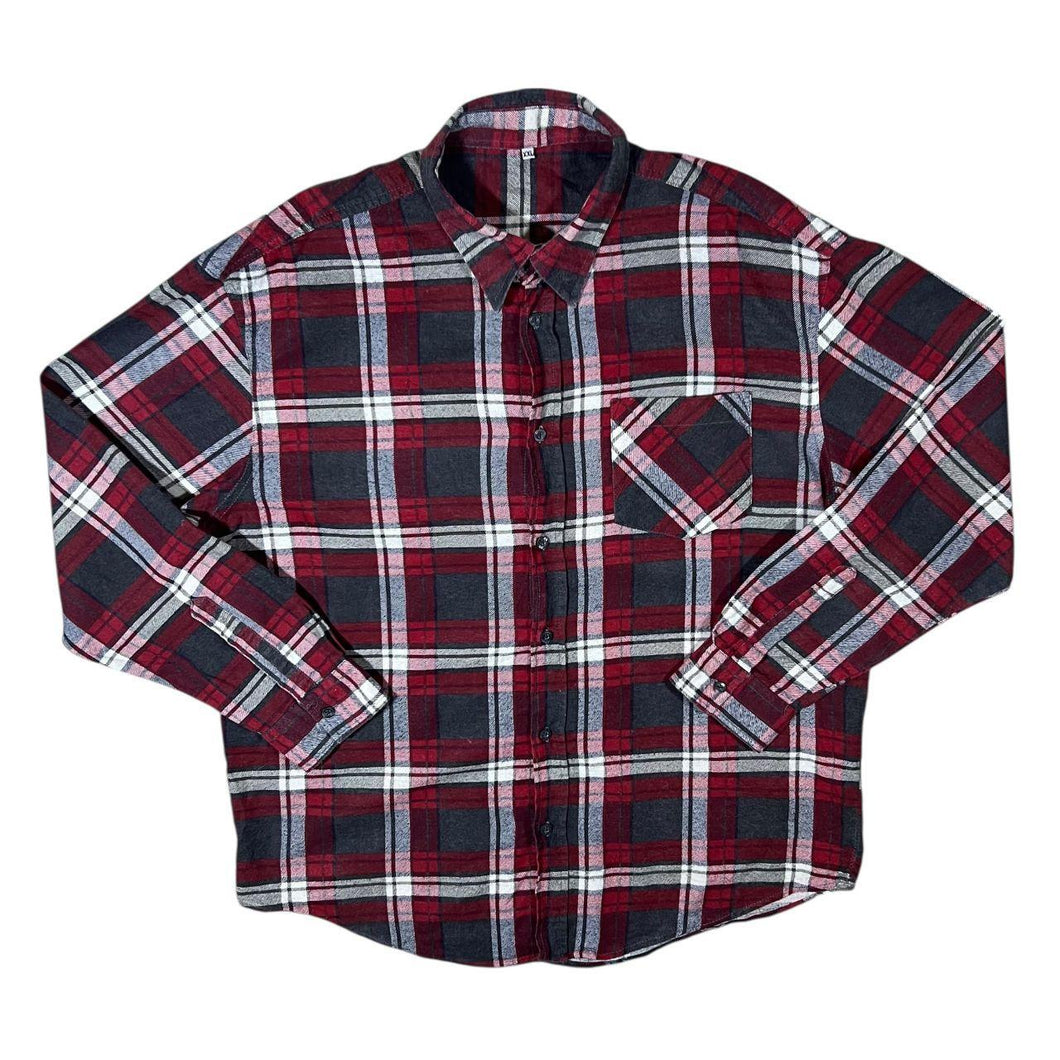 Vintage Grey Red White Lumberjack Plaid Check Cotton Long Sleeve Flannel Shirt