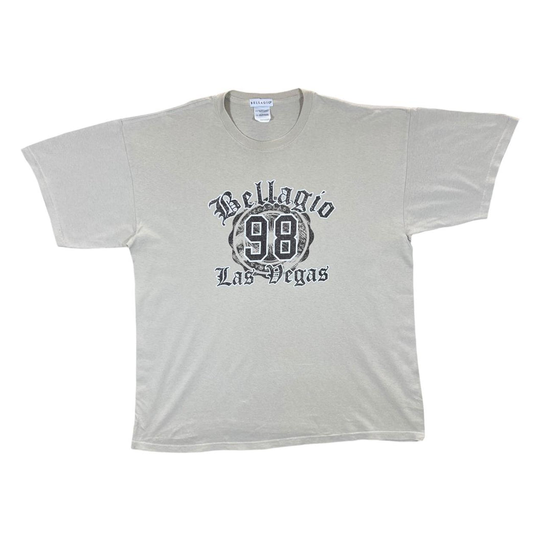 Early 00's BELLAGIO LAS VEGAS Souvenir Spellout Graphic Cream Short Sleeve T-Shirt