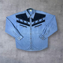 Load image into Gallery viewer, Vintage Cowboy Western Black Lace-Up Panel Blue Denim Cotton Long Sleeve Shirt
