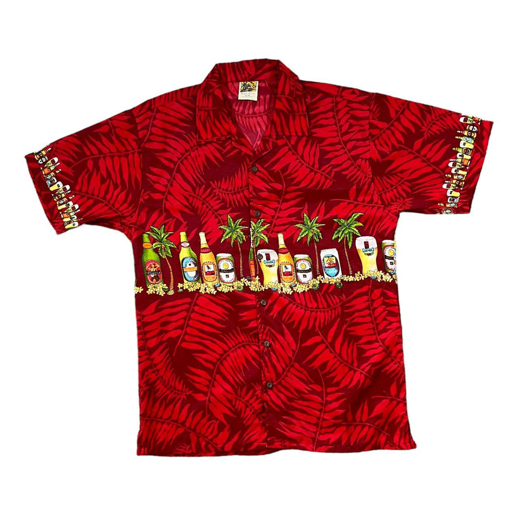 Early 00's PIPE LINE Honolulu Hawaii Beer Tropical Hawaiian Pattern Open Collar Polyester Shirt