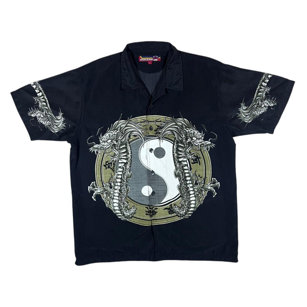 Vintage DNON JEANS Gothic Biker Y2K Dragon Yin Yang Open Collar Polyester Shirt