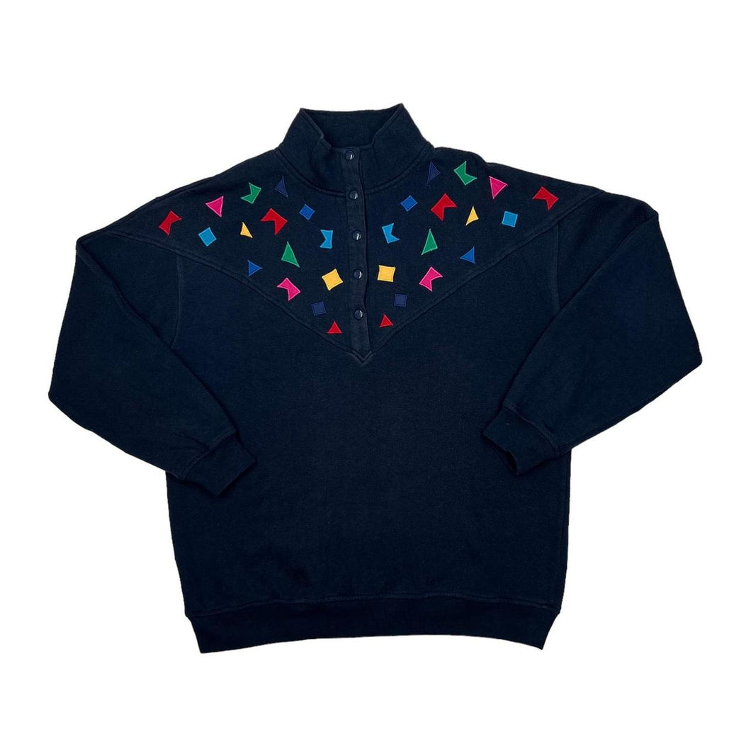 Vintage 90’s CHINAWEAR Abstract Geometric Embroidered Shape Pullover Button Sweatshirt