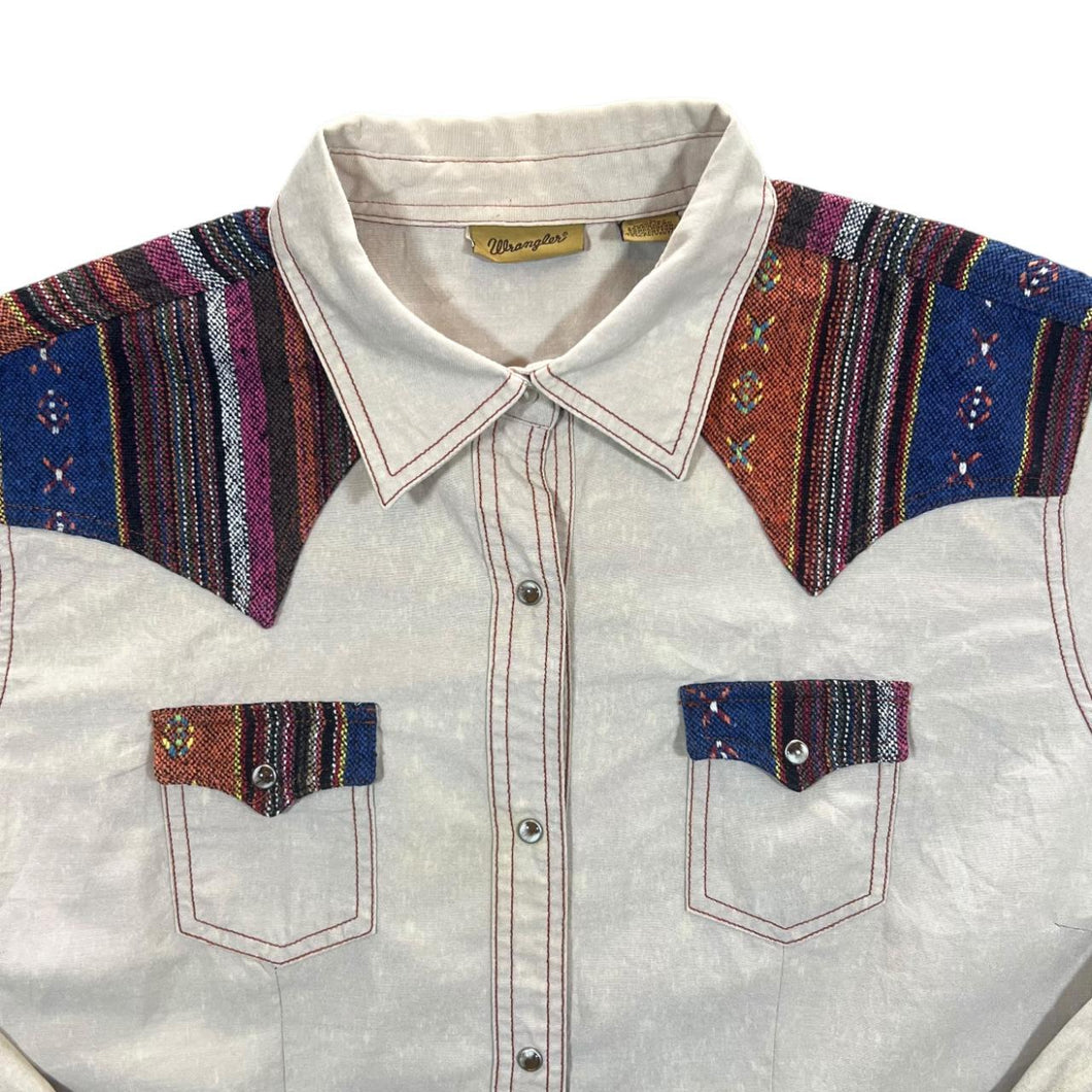 Vintage Wrangler Cowboy Western Woven Tapestry Panel Popper Button Long Sleeve Shirt