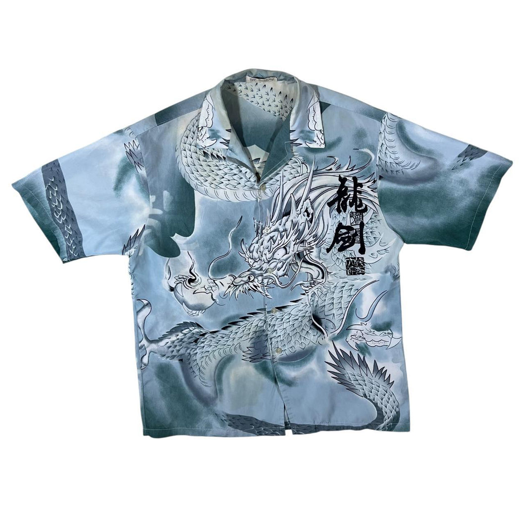 Early 00's Guo Lhi Ting Gothic Y2K Dragon Graphic Blue White Short Sleeve Shirt