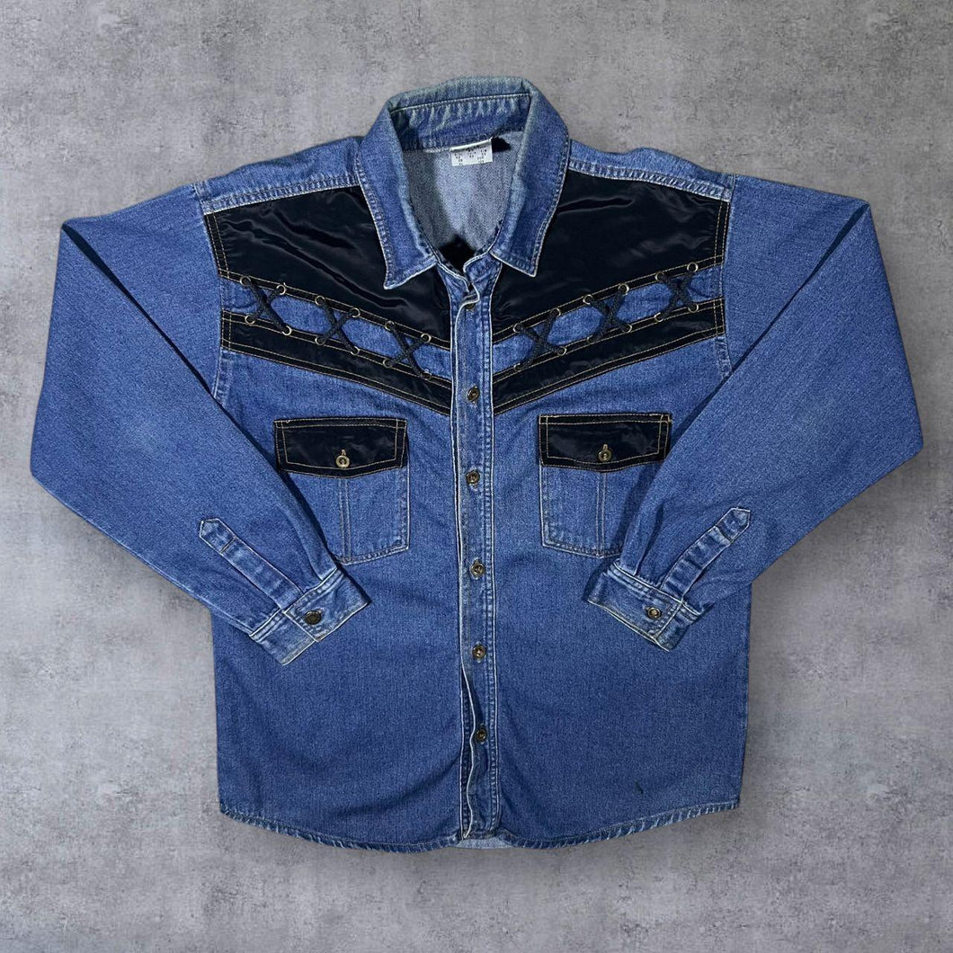 Vintage TG-18 Cowboy Western Lace Panel Blue Denim Long Sleeve Cotton Shirt