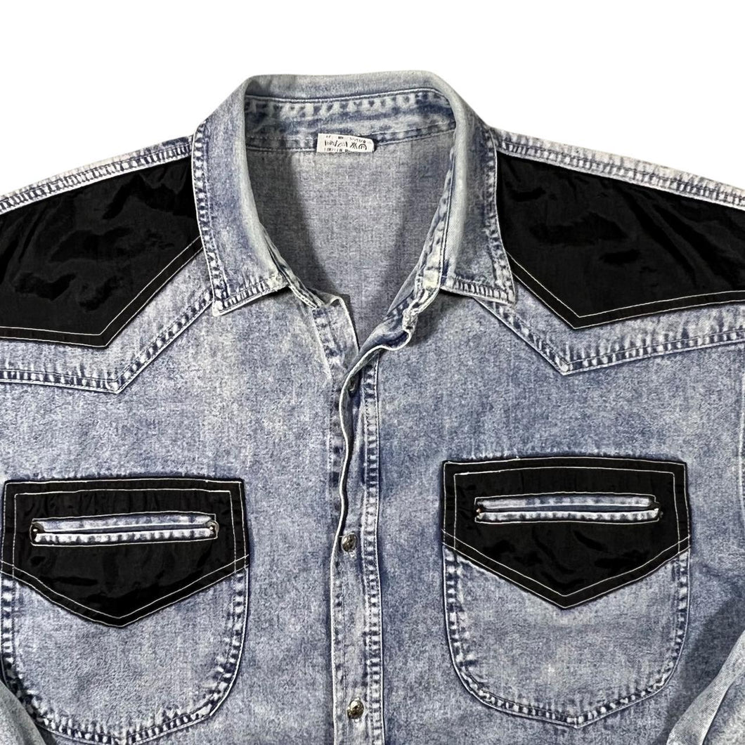 Vintage Cowboy Western Stonewashed Blue Denim Long Sleeve Cotton Shirt