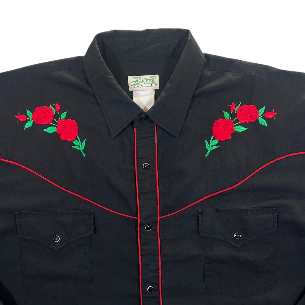 Vintage 90's Ash Creek Trading Embroidered Rose Western Cowboy Popper Shirt