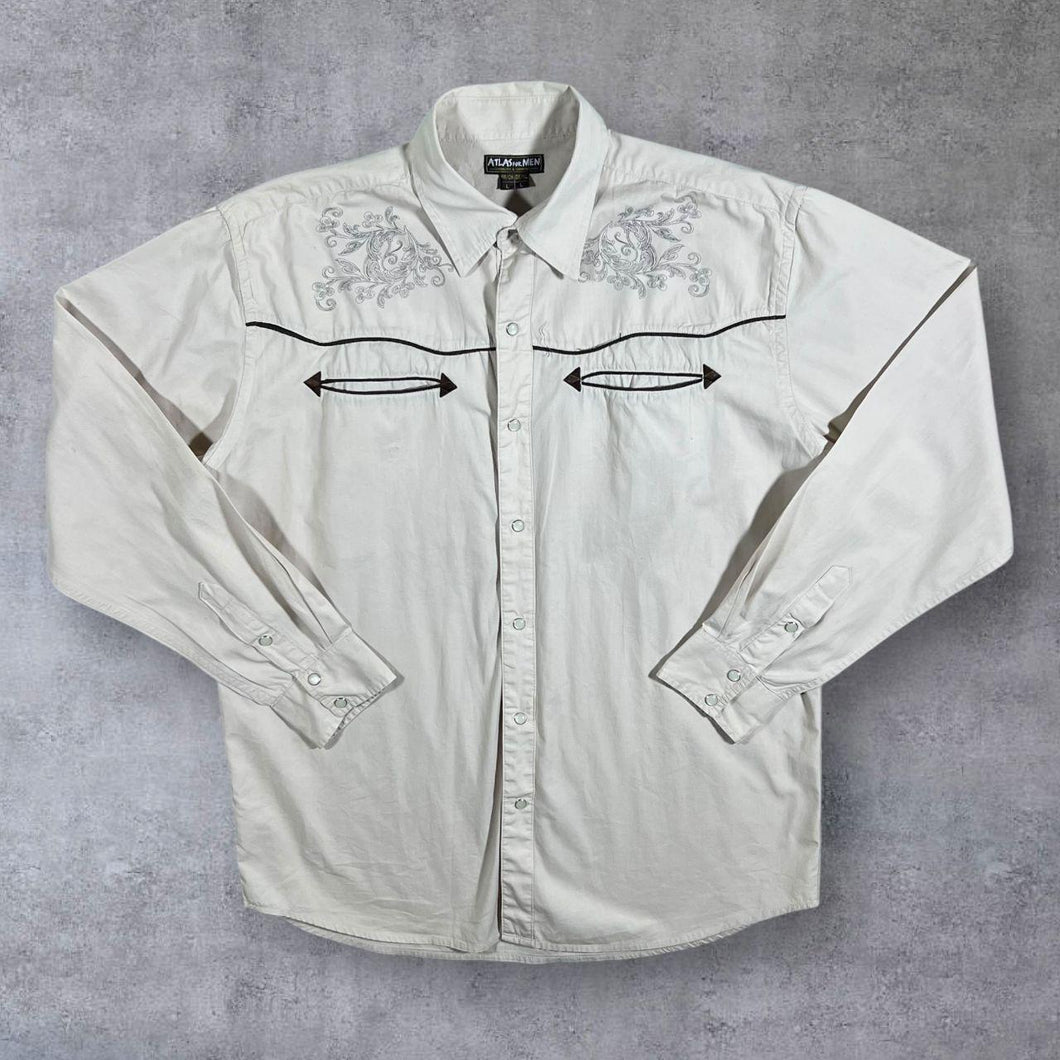 Atlas For Men Cowboy Western Filigree Patterned Cream Cotton Popper Long Sleeve Shirt