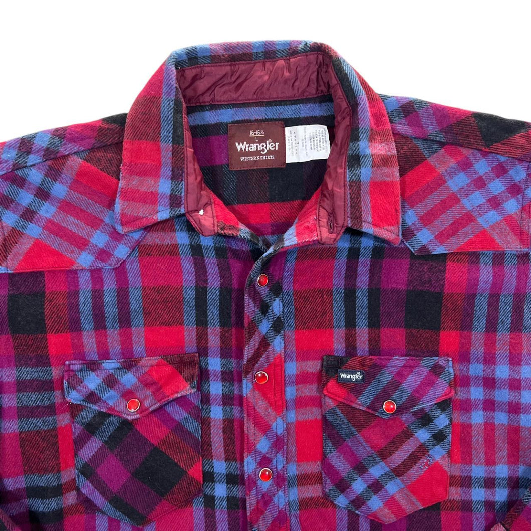 Vintage 90's Wrangler Cowboy Western Plaid Check Popper Long Sleeve Flannel Shirt