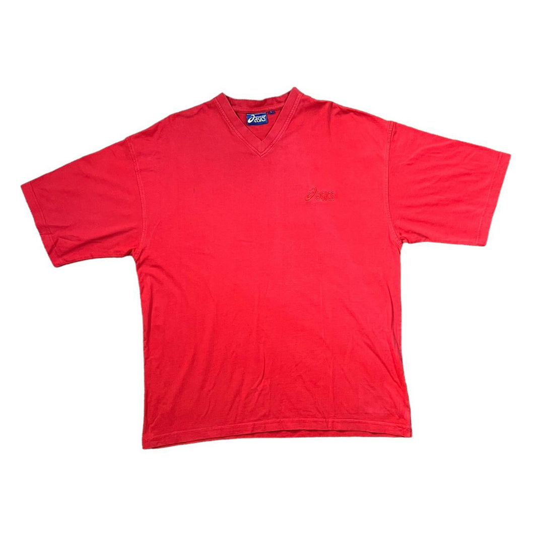 Vintage ASICS Classic Embroidered Mini Logo Red Short Sleeve V-Neck T-Shirt
