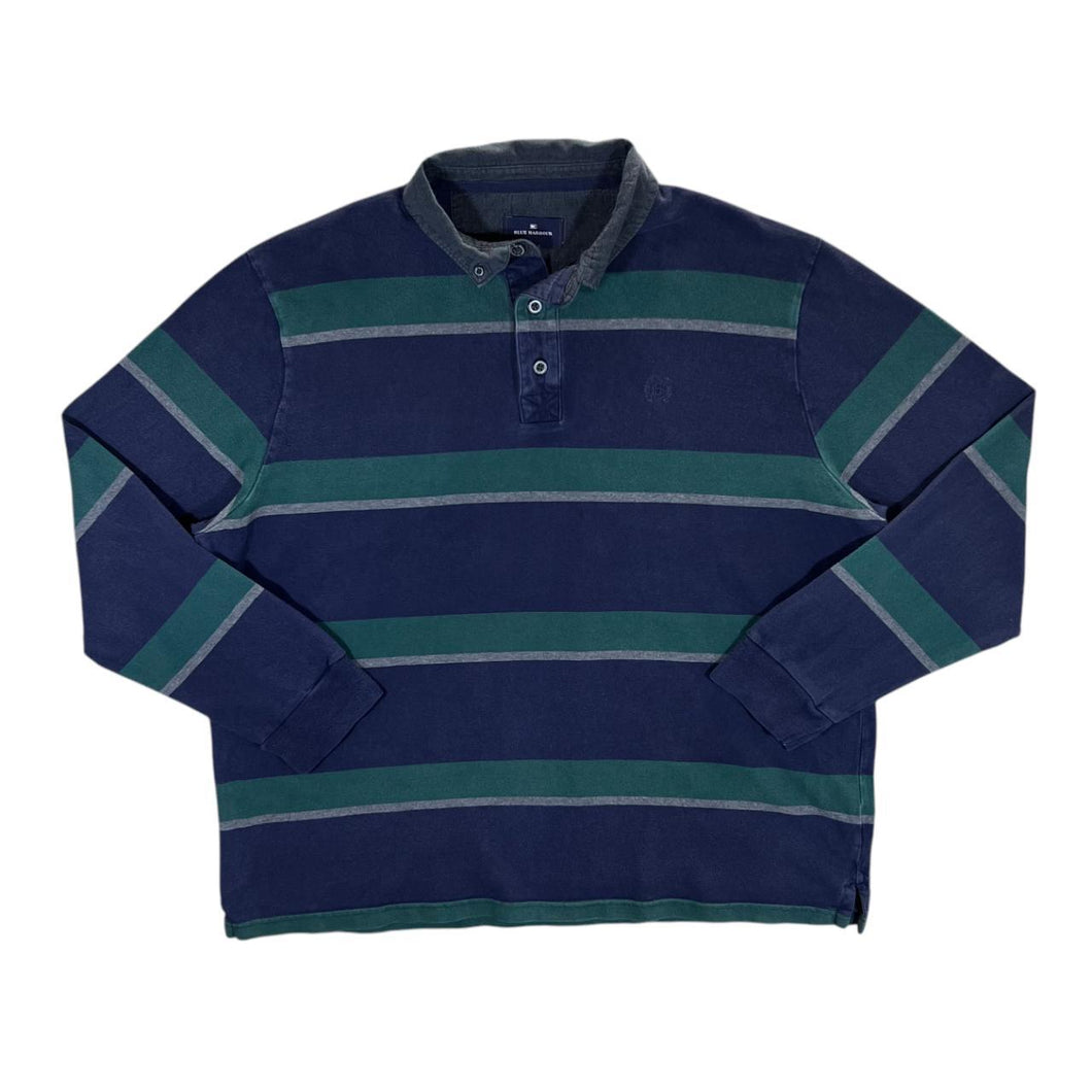 BLUE HARBOUR Navy Blue Green Striped Mini Logo Long Sleeve Polo Shirt