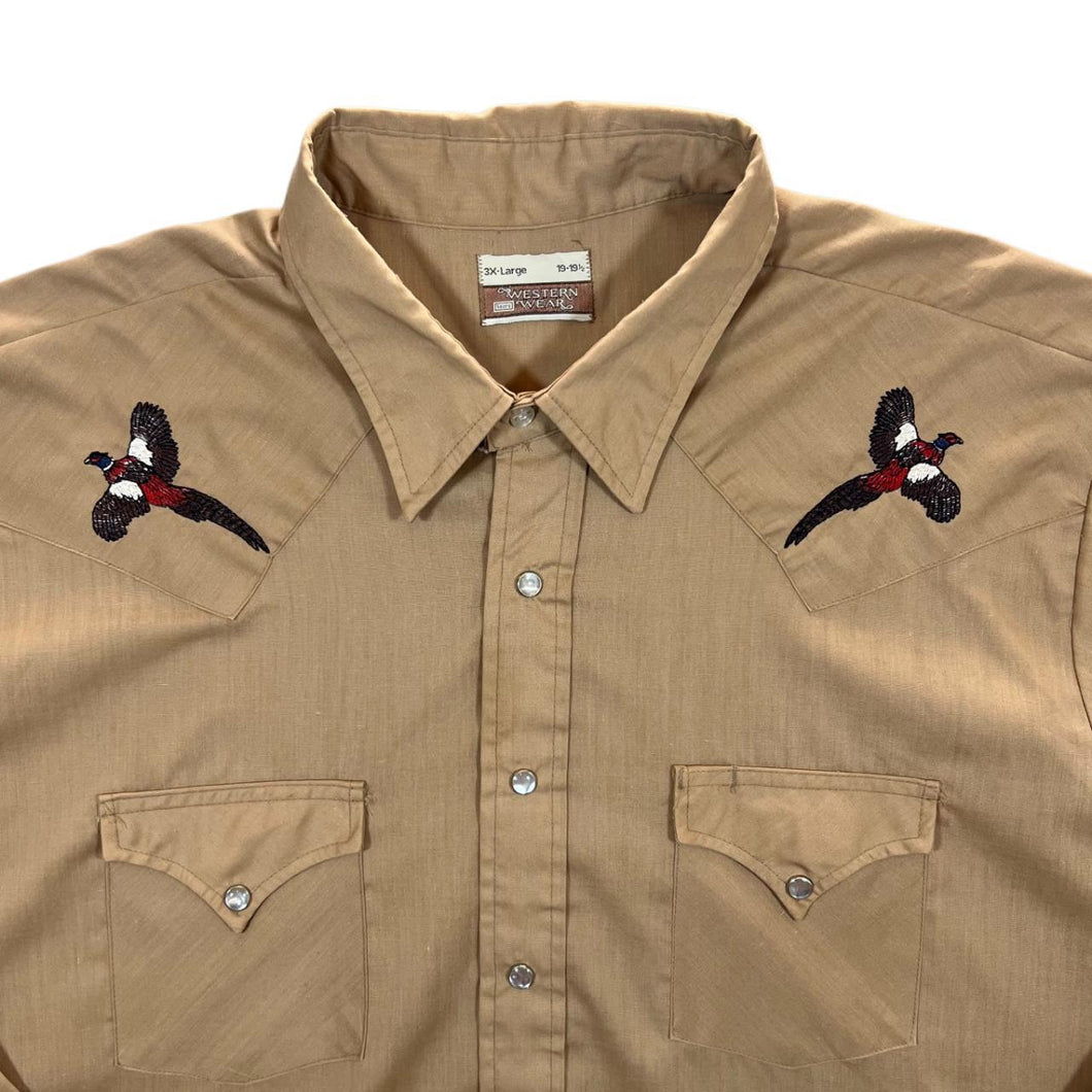 Vintage Sears Western Wear Cowboy Embroidered Pheasant Popper Button Long Sleeve Shirt