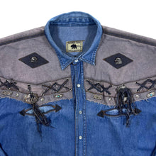 Load image into Gallery viewer, Vintage Running Bear Cowboy Western Blue Denim Long Sleeve Cotton Popper Shirt
