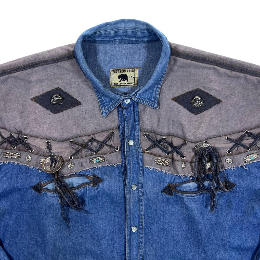 Vintage Running Bear Cowboy Western Blue Denim Long Sleeve Cotton Popper Shirt
