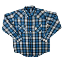 Load image into Gallery viewer, Vintage Western Style Blue White Grey Black Check Long Sleeve Popper Cotton Blend Shirt
