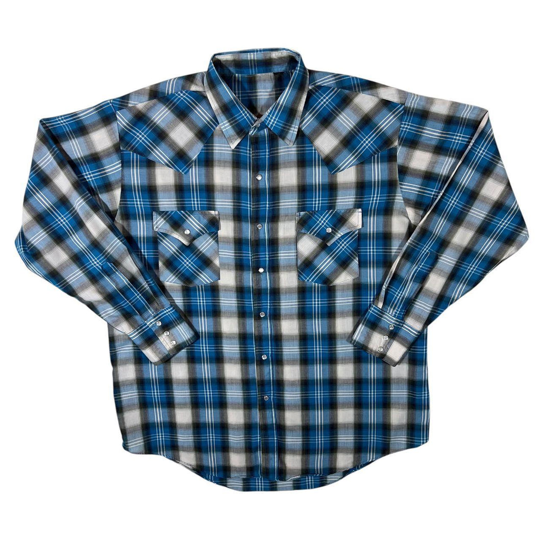 Vintage Western Style Blue White Grey Black Check Long Sleeve Popper Cotton Blend Shirt