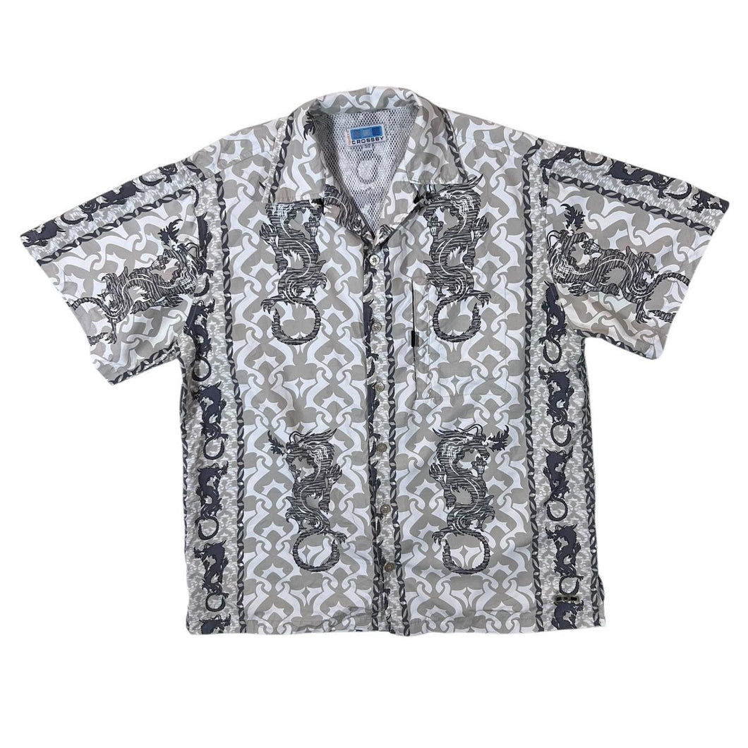 Early 00's Crossby Gothic Y2K Traditional Dragon Patterned White Grey Short Sleeve Shirt