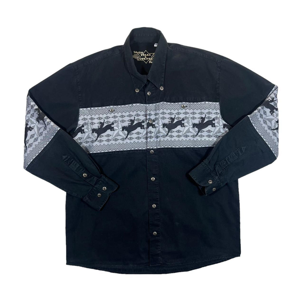 Vintage STARS & STRIPES Cowboy Western Rodeo Patterned Panel Long Sleeve Cotton Shirt