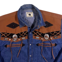 Load image into Gallery viewer, Vintage 90&#39;s Running Bear Cowboy Western Blue Denim Popper Long Sleeve Shirt

