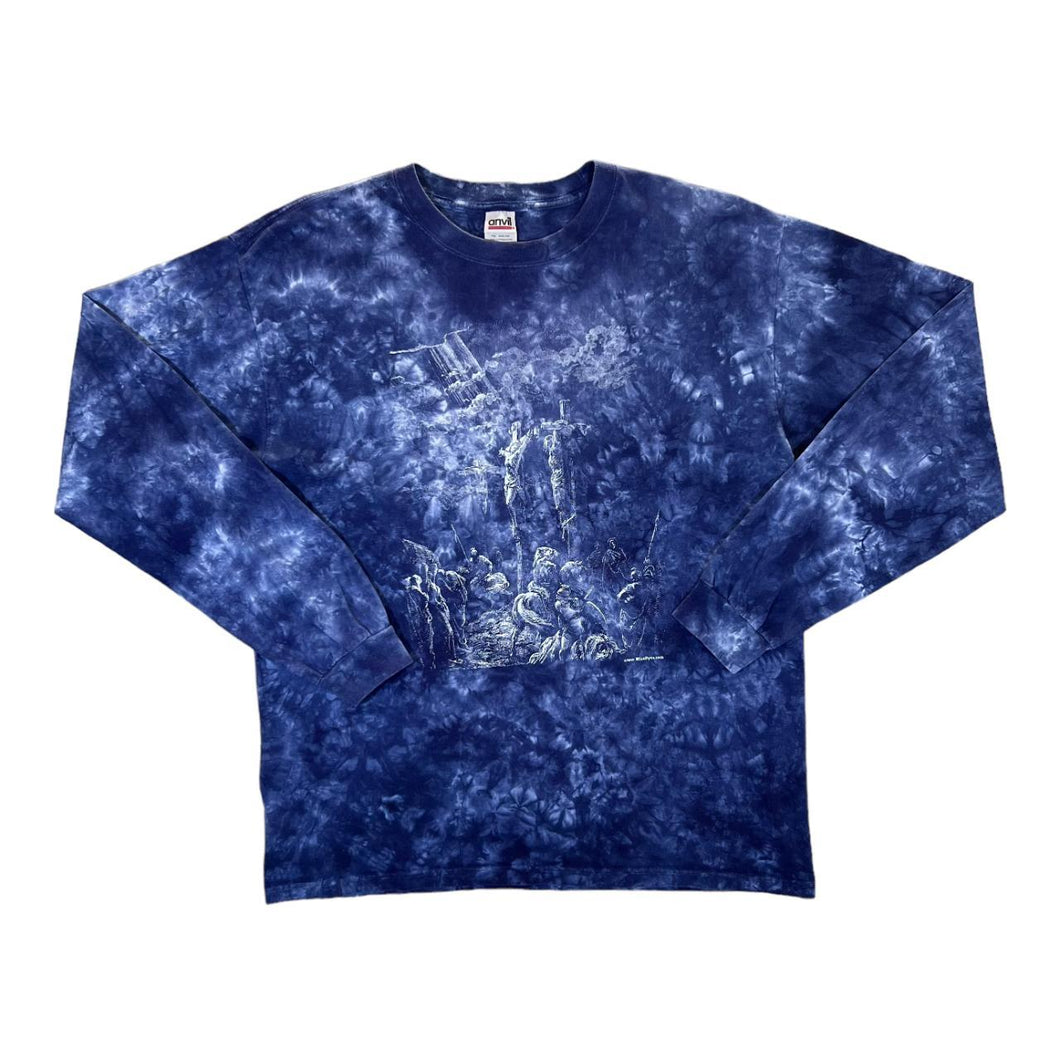 Vintage Anvil ISAIAH 53.5 Jesus Christ Religious Spellout Graphic Blue Tie Dye Long Sleeve T-Shirt