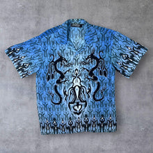 Load image into Gallery viewer, Early 00&#39;s Fas Bowly Gothic Y2K Tribal Dragon Patterned Blue Short Sleeve Shirt
