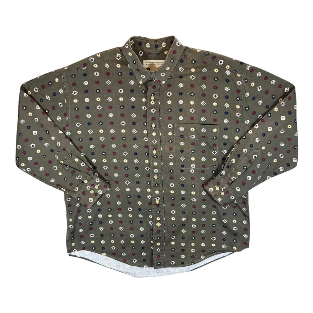 Vintage Natural Issue Khaki Green Patterned Long Sleeve Button-Up Cotton Shirt