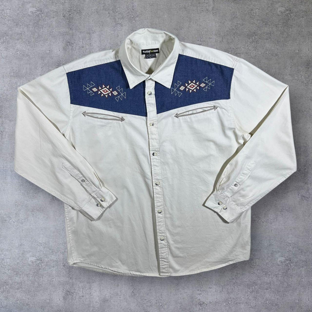 Atlas For Men Cowboy Western Cream Embroidered Blue Native Panel Cotton Long Sleeve Shirt