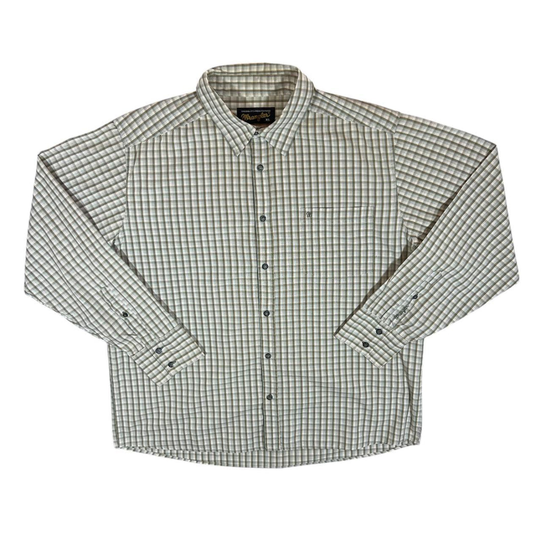 Early 00's WRANGLER White Khaki Green Plaid Check Long Sleeve Cotton Shirt