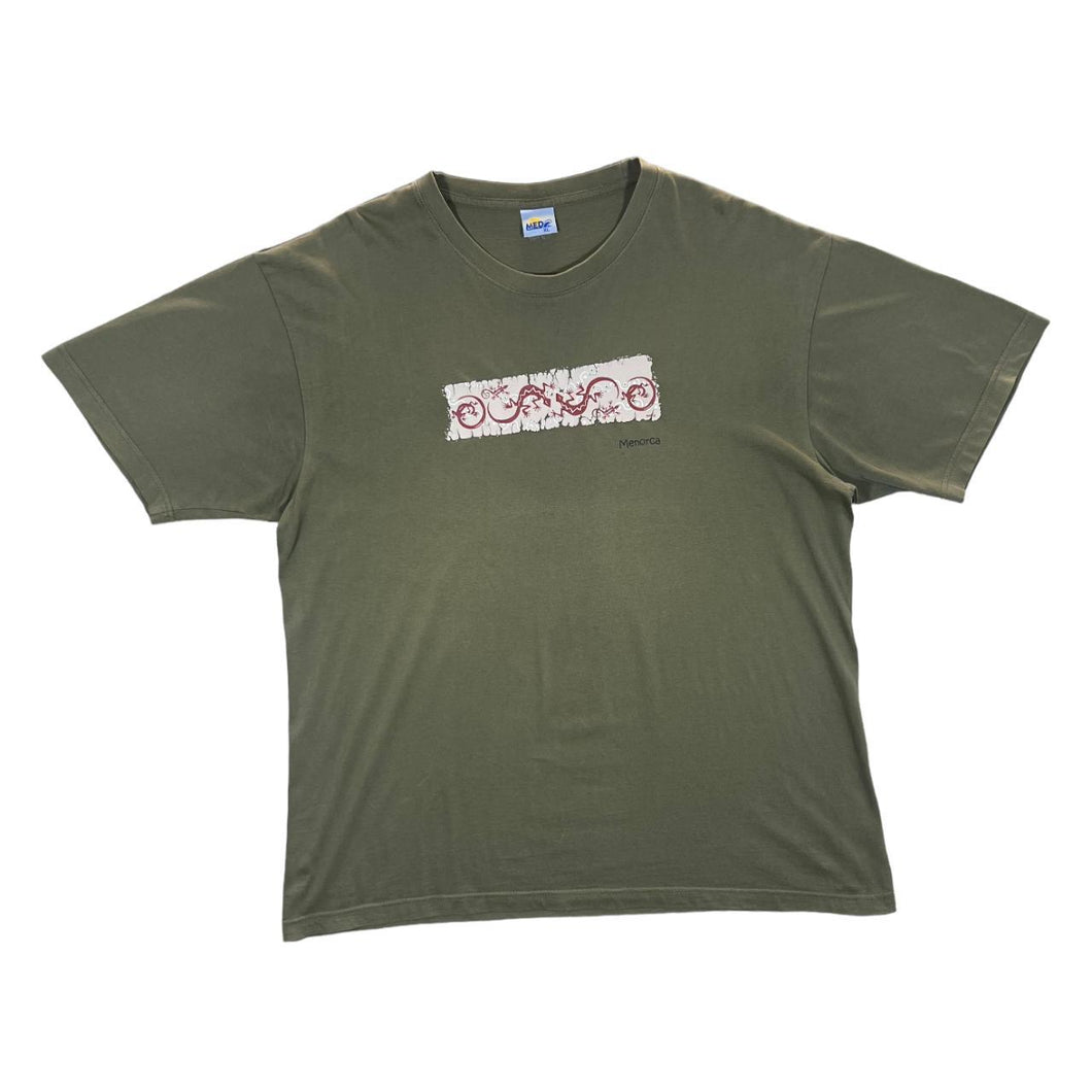 Early 00's MENORCA Cave Art Souvenir Spellout Graphic Khaki Green T-Shirt
