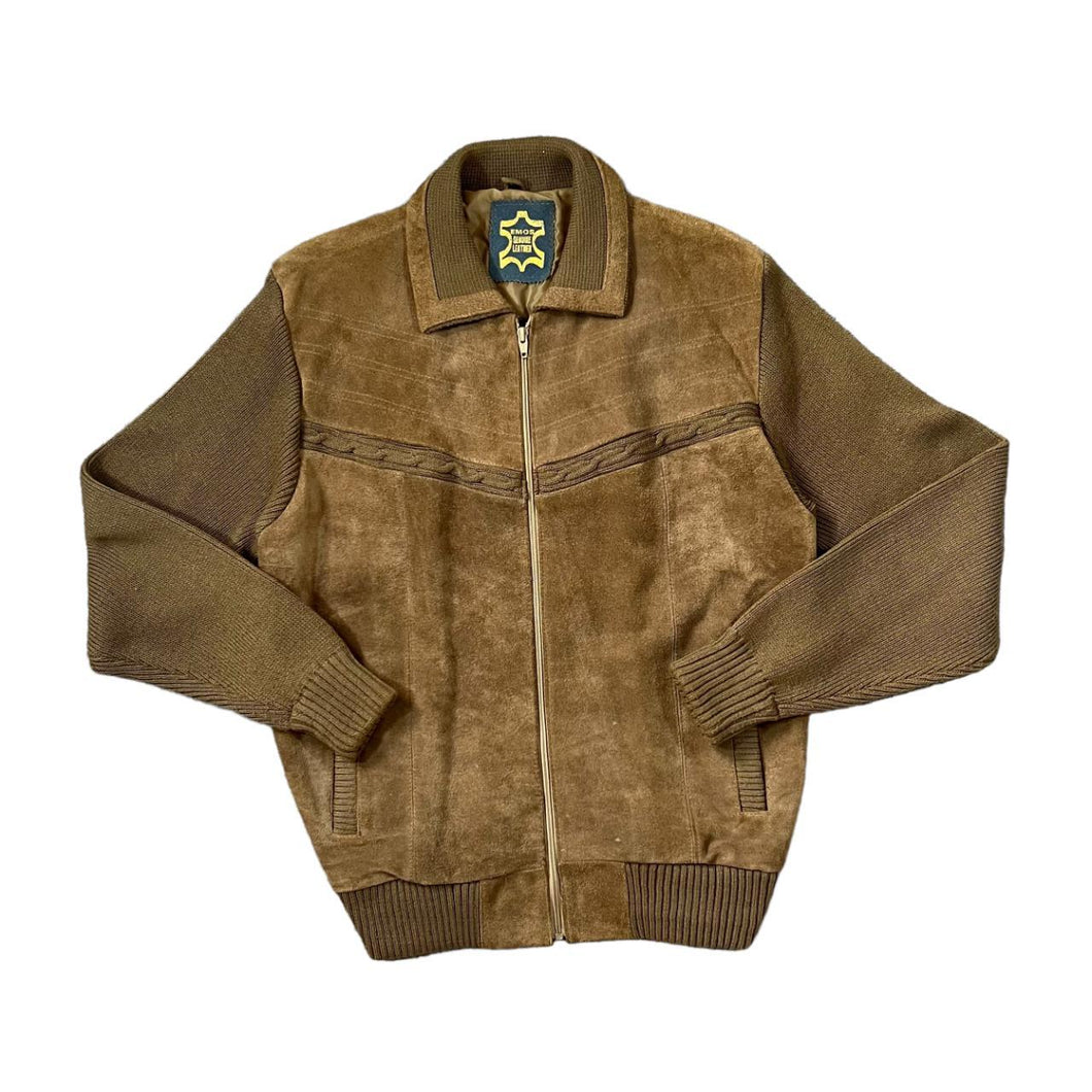 Vintage 80's EMOS GENUINE LEATHER Suede Leather Panel Acrylic Knit Zip Sweater Jumper