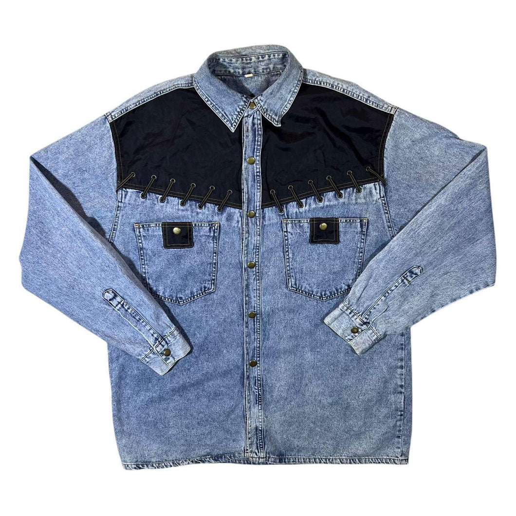 Vintage Cowboy Western Acid Wash Blue Denim Popper Long Sleeve Shirt