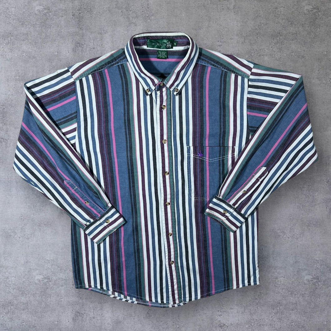 Vintage Knights Of The Round Table Multi Striped Long Sleeve Button-Up Cotton Shirt