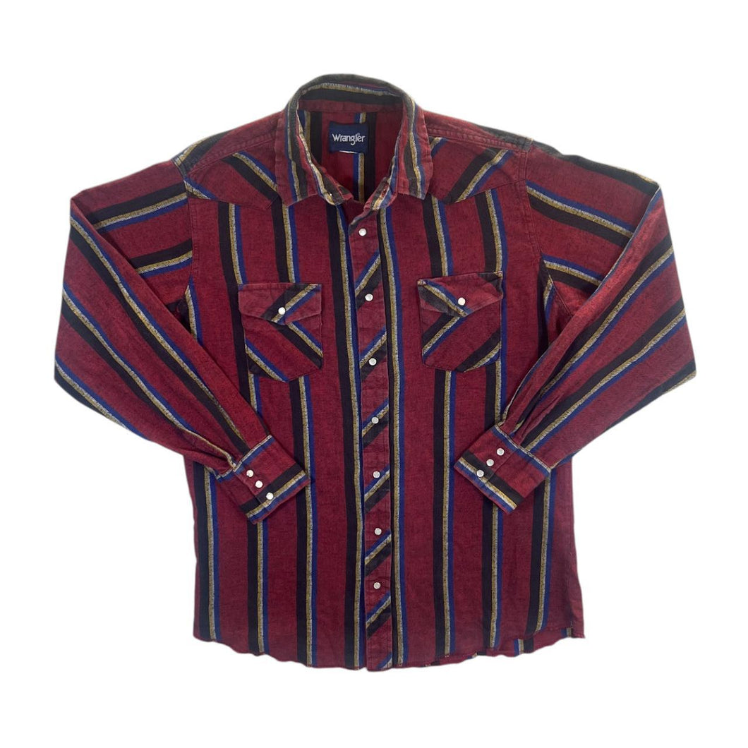Vintage 90's Wrangler Western Pearl Snap Popper Striped Flannel Cotton Long Sleeve Shirt
