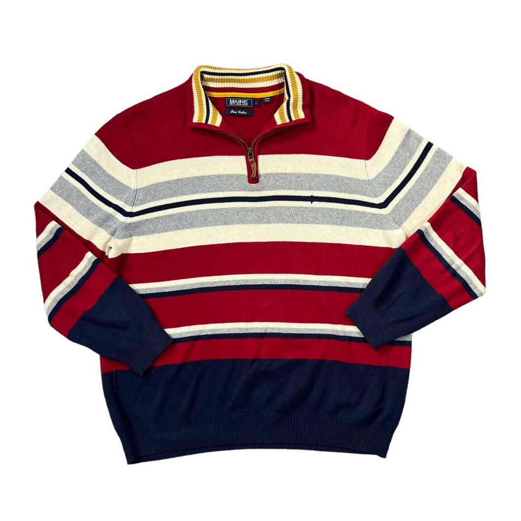 MAINE New England Multi Striped 1/4 Zip Cotton Knit Pullover Sweater Jumper