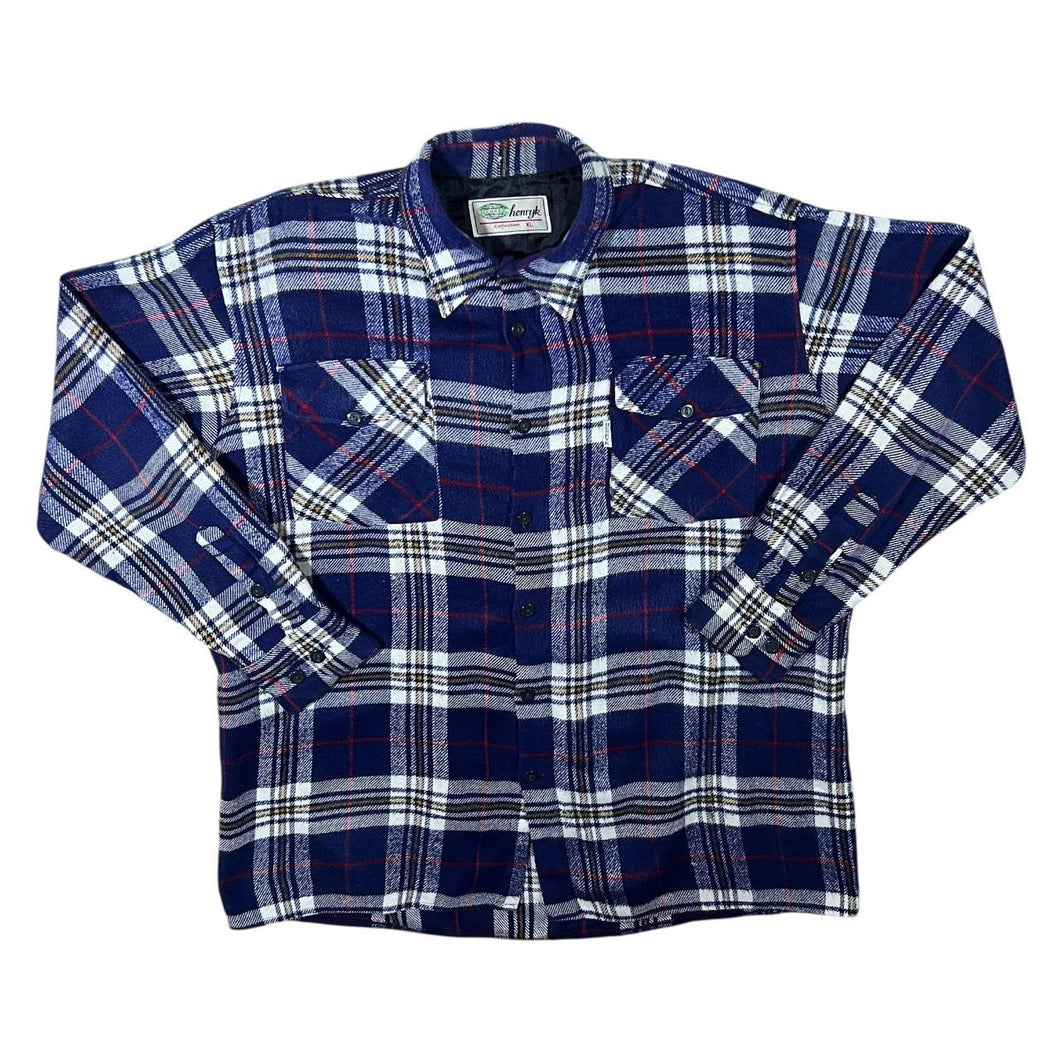 Vintage Henryk Navy White Red Yellow Plaid Check Long Sleeve Acrylic Flannel Shirt