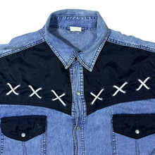 Load image into Gallery viewer, Vintage Cowboy Western Acid Wash Blue Denim Black Panel Popper Long Sleeve Shirt
