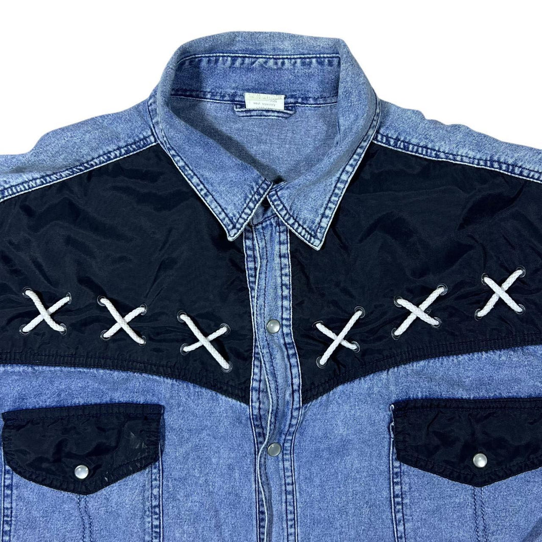 Vintage Cowboy Western Acid Wash Blue Denim Black Panel Popper Long Sleeve Shirt