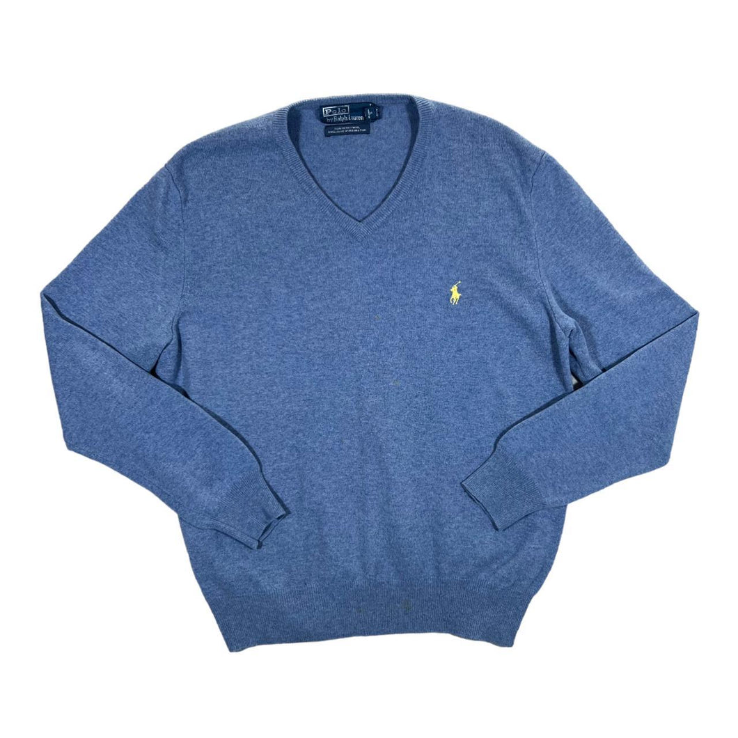 Early 00's POLO RALPH LAUREN Classic Merino Wool Blue Knit V-Neck Sweater Jumper