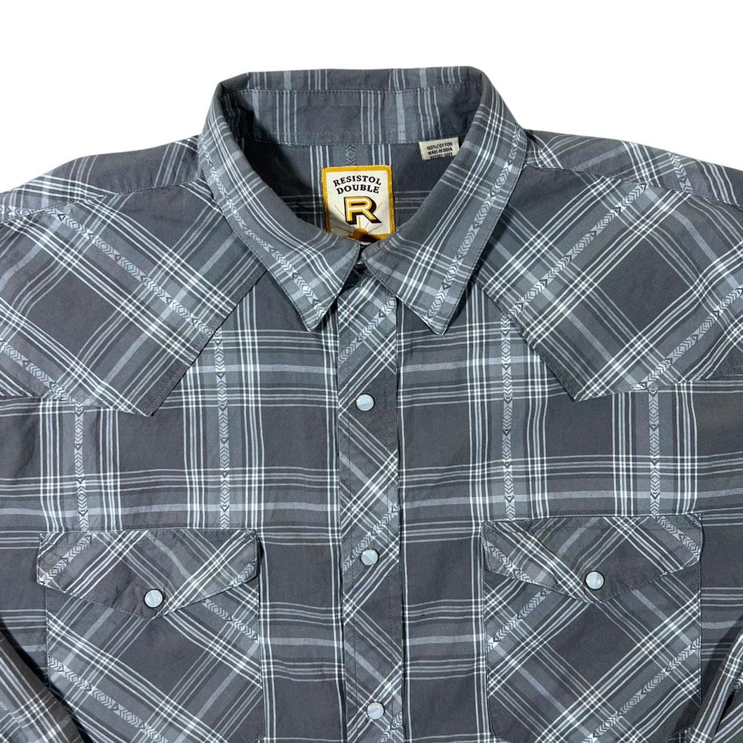 Vintage Resistol Double Cowboy Western Grey Check Popper Long Sleeve Shirt