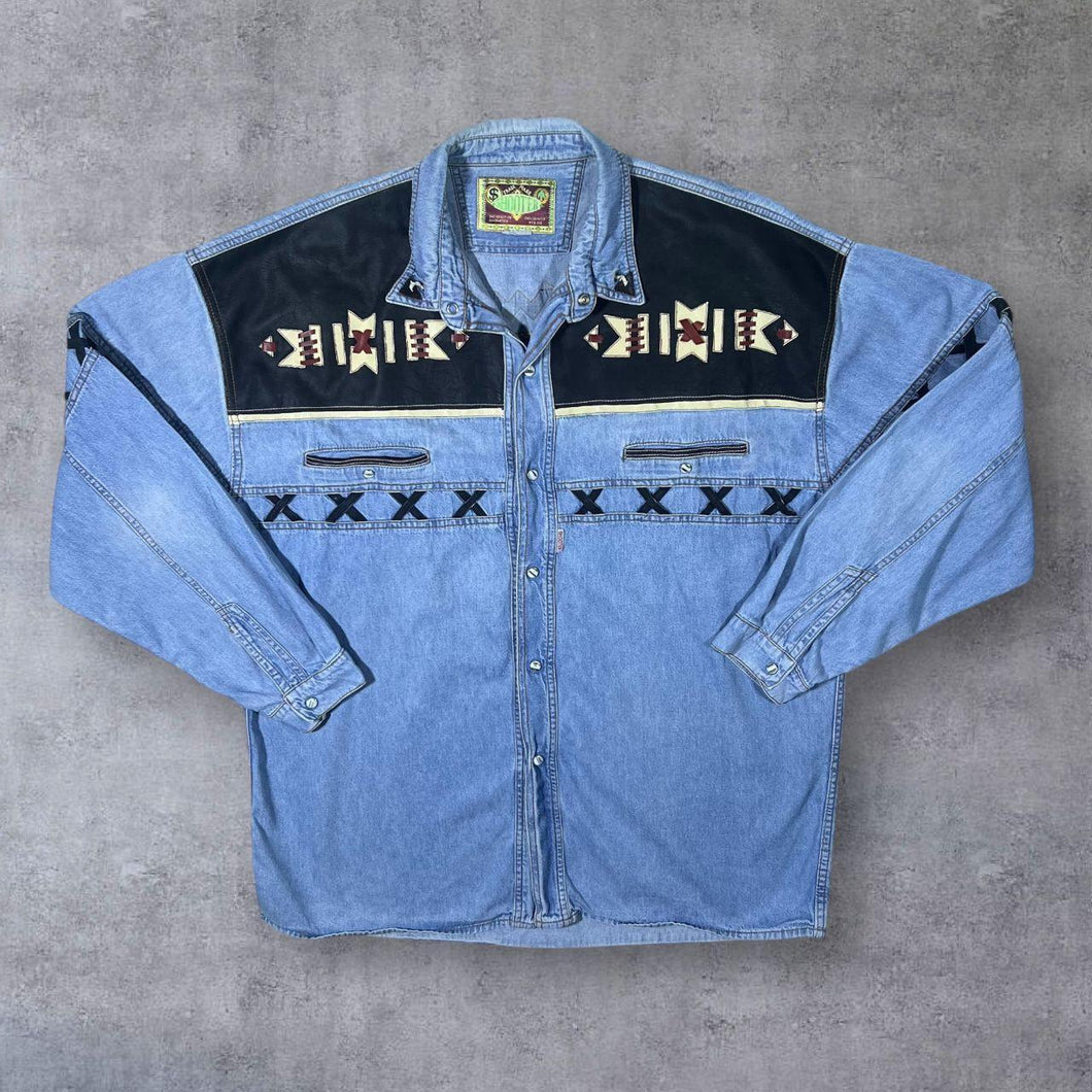 Vintage Shooter Cowboy Western Aztec Panel Blue Denim Long Sleeve Popper Shirt