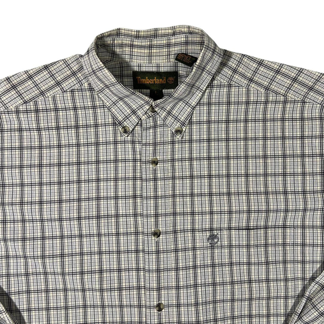 Vintage Timberland Blue Grey Plaid Check Long Sleeve Button-Up Cotton Shirt