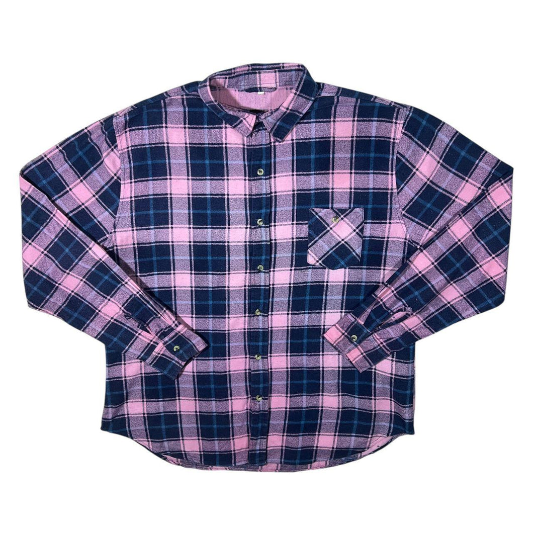 Vintage Navy Blue Pink Plaid Check Cotton Long Sleeve Button-Up Flannel Shirt