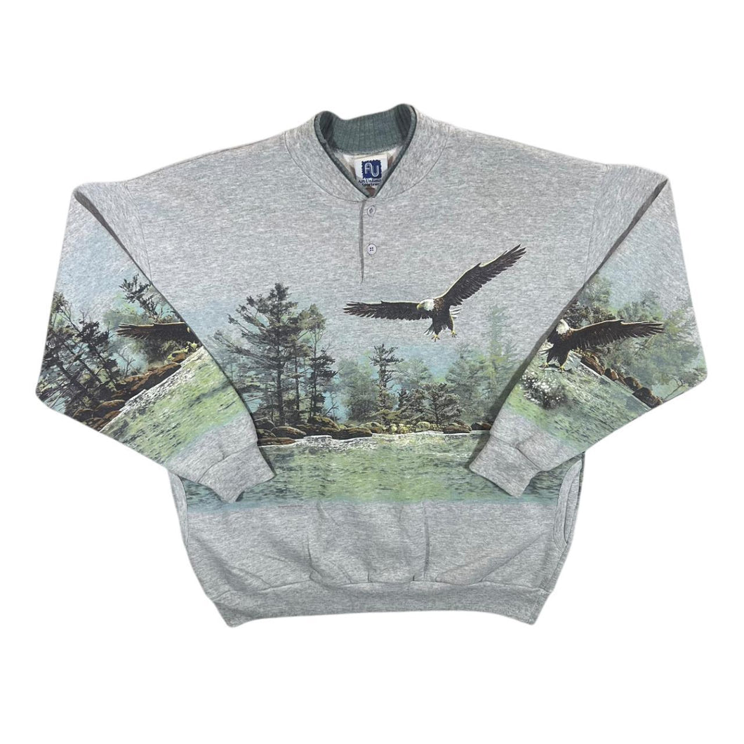 Vintage 90's Art Unlimited Bald Eagle Nature All-Over Print Button Sweatshirt
