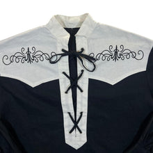 Load image into Gallery viewer, Vintage Embroidered Western Style Black White Lace-Up Ramie Cotton Long Sleeve Smock Shirt
