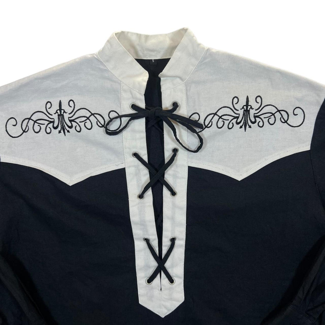 Vintage Embroidered Western Style Black White Lace-Up Ramie Cotton Long Sleeve Smock Shirt