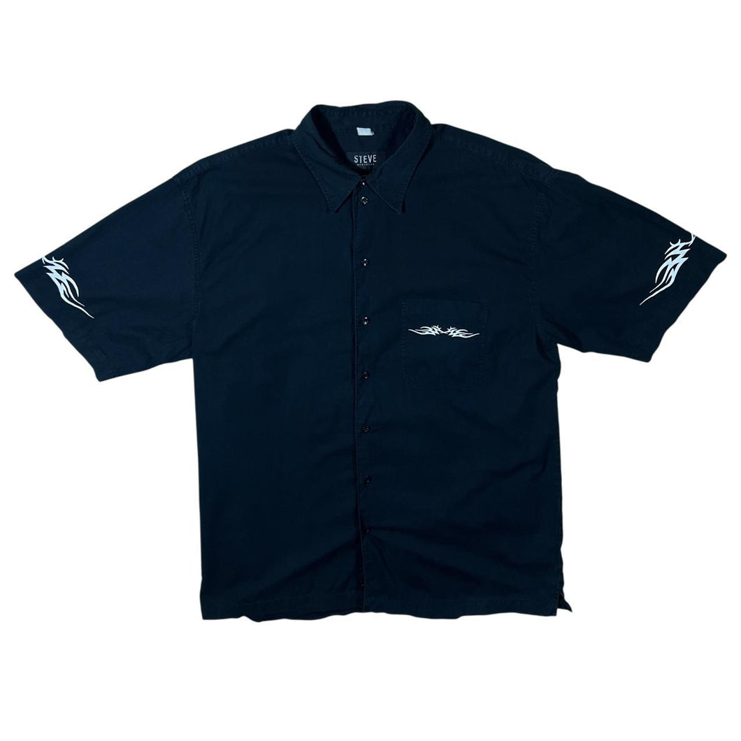 Early 00's Steve Menswear Y2K Tribal Biker Black Cotton Short Sleeve Shirt