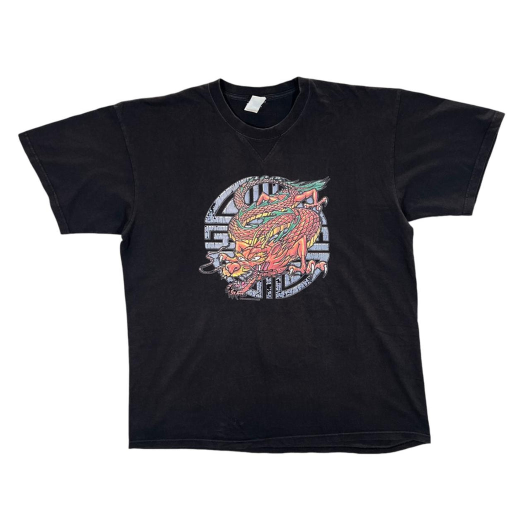 Early 00's Gothic Biker Tattoo Tribal Dragon Graphic Black T-Shirt