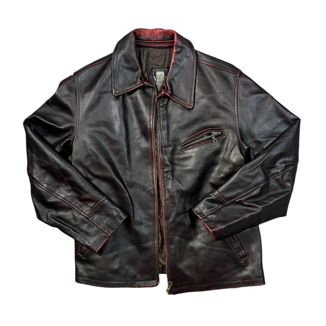 Vintage 90's VERA PELLE Classic Black Red Distressed Effect Real Leather Bomber Jacket