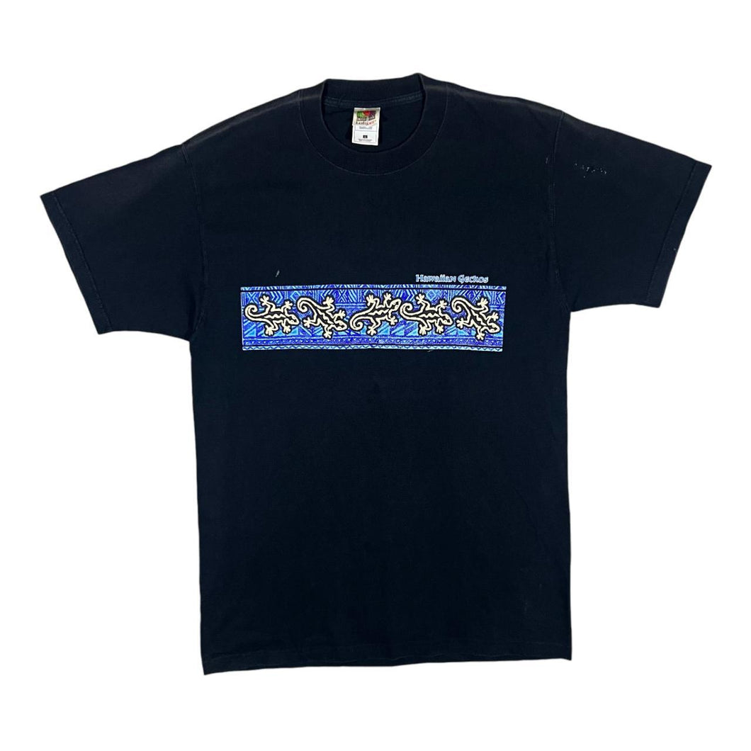 Vintage 90's HAWAIIAN GECKOS Cave Art Souvenir Spellout Graphic Black T-Shirt