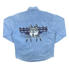 Load image into Gallery viewer, South Bay &quot;Route 66&quot; Wolf Native American Graphic Blue Denim Long Sleeve Button-Up Shirt
